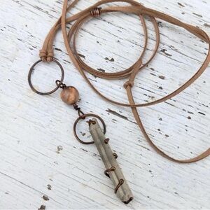 Frosted Raw Speckled Quartz Coral Bead Bronze Necklace on Leather Cord Handmade